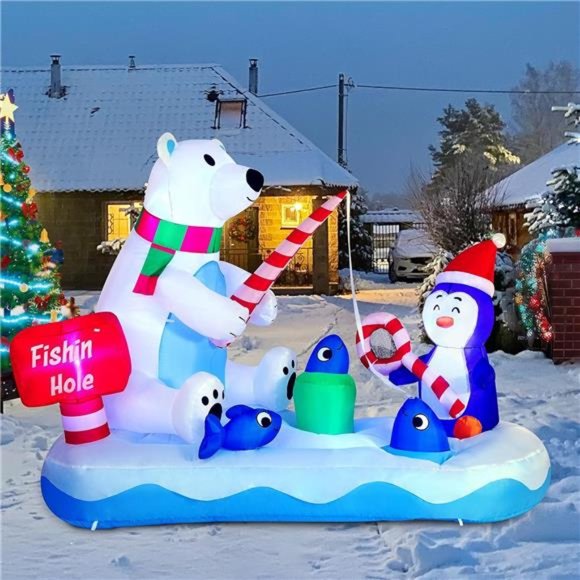6 FT Christmas Inflatable Penguin & Polar Bear Decoration, Fishing Hole Sign - Picture 2 of 7